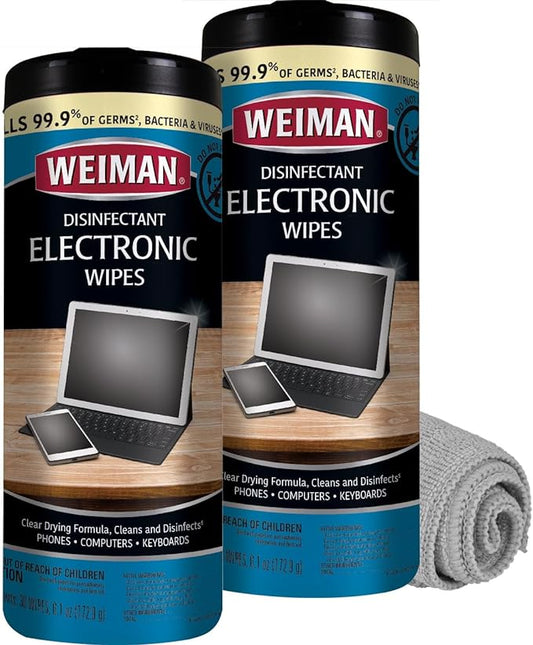 Weiman Electronics & Screen Disinfecting Wipes - Safely Clean and Disinfect Your Phone, Laptop, Keyboard, Tablets, Lens, Wipe, Glasses Cleaner, 30 Count, 2 Pack with MicroFiber Towel-DeskLoop Office