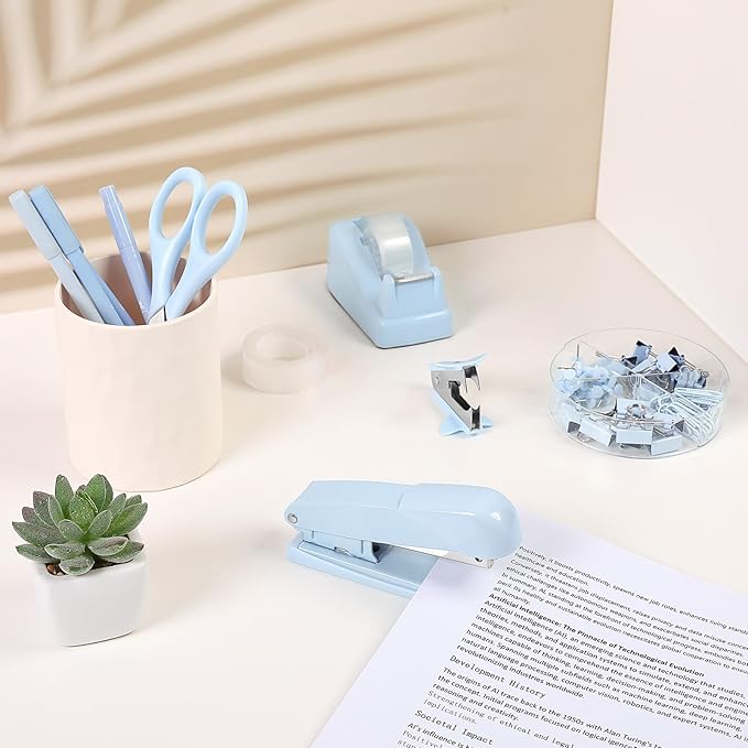 SKYDUE Blue Office Desk Accessories, Blue Office Supplies, Stapler, Tape Dispenser, Scissors, Clips and 1000pcs Staples,Desk Supplies for Women-DeskLoop Office