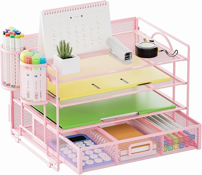 Marbrasse Desk Organizer and Accessories4-Tier Paper File Letter Tray Accessories & Workspace Desk Organizers with Drawer and 2 Pen Holders for School Home Office Supplies(Pink)-DeskLoop Office