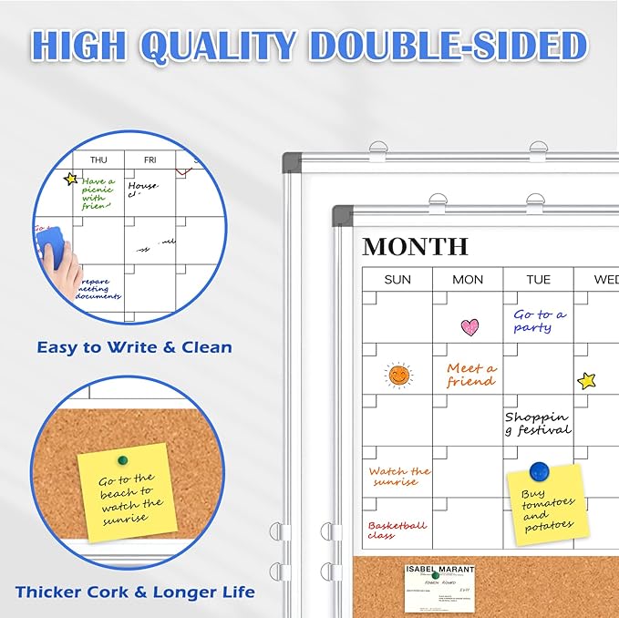 Monthly Calendar Whiteboard Dry Erase Cork Board Combo for Wall, 24" x 18" Double-Sided Calendar White Board and Bulletin Board, Portable Board for Office, Kitchen, School, Home-DeskLoop Office