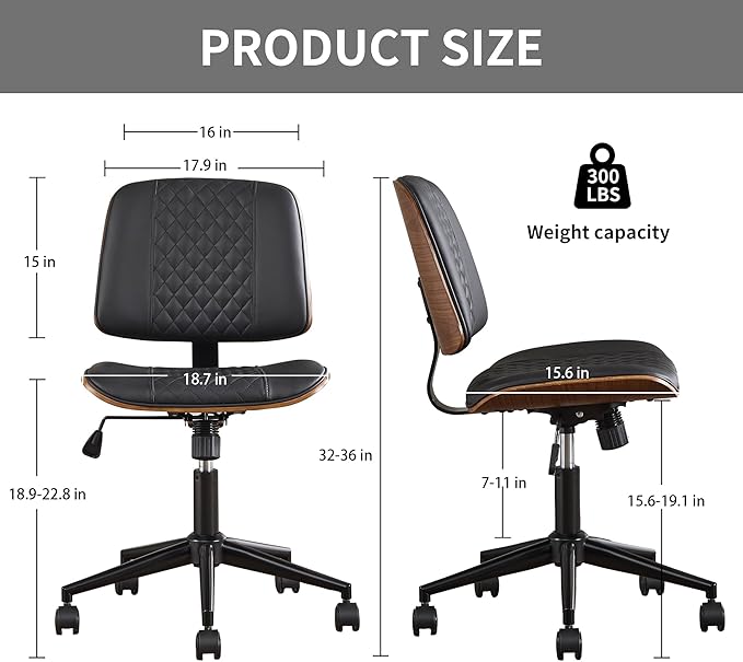 Modern Black Home Office Chair – Armless Mid-Back Desk Chair with PU Leather, Adjustable Height, Swivel Wheels, Walnut Wood Finish, Perfect for Small Spaces-DeskLoop Office
