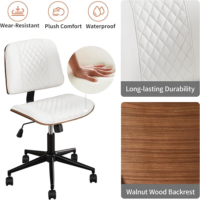Stylish White Home Office Chair – Armless PU Leather Mid-Back Chair with Adjustable Height, Swivel Wheels, Walnut Finish for Study, Bedroom, or Dorm Room-DeskLoop Office