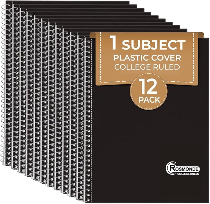 1 Subject Spiral Notebook, 12 Pack, College Ruled, Water Resistant Cover, Thick 140 Pages/Book (70 Sheets), 8 x 10-1/2, 3 Hole, Bulk School & Office, Black Cover-DeskLoop Office