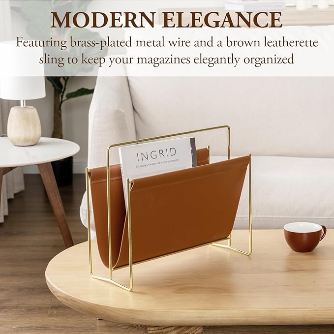 MyGift 15-Inch Modern Brown Leatherette & Brass Plated Metal Magazine Holder – Floor Standing Faux Leather Sling Style Newspaper Rack for Home, Bathroom, Office Decor-DeskLoop Office