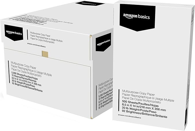 Amazon Basics Multipurpose Copy Printer Paper, 20 lb, 8.5 x 14 Inches, 10 Reams (5,000 Sheets), 92 Bright, White-DeskLoop Office