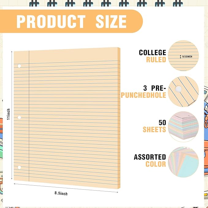 PerKoop 600 Sheets Colored Loose Leaf Paper 8.5" x 11" college ruled Lined 3 Hole Punched notebook Filler Paper for 3 Ring Binders Office School Supplies (Aesthetic Color)-DeskLoop Office