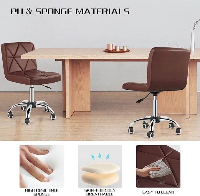 COSVALVE Armless Desk Chair, Mid Back 360 Swivel Office Chair, Height Adjustable Executive Conference Task Chair with Rolling Wheels and Diamond Pattern for Home Bedroom Computer Barber, Brown-DeskLoop Office