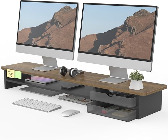 Fenge Monitor Stand, Dual Monitor Riser, 42.5inch Large Desk Computer Monitor Stand Riser with Drawer, 2 Tier Wood & Acrylic Desktop Organizer for Computer, Laptop, Printer, TV Screen Riser-DeskLoop Office