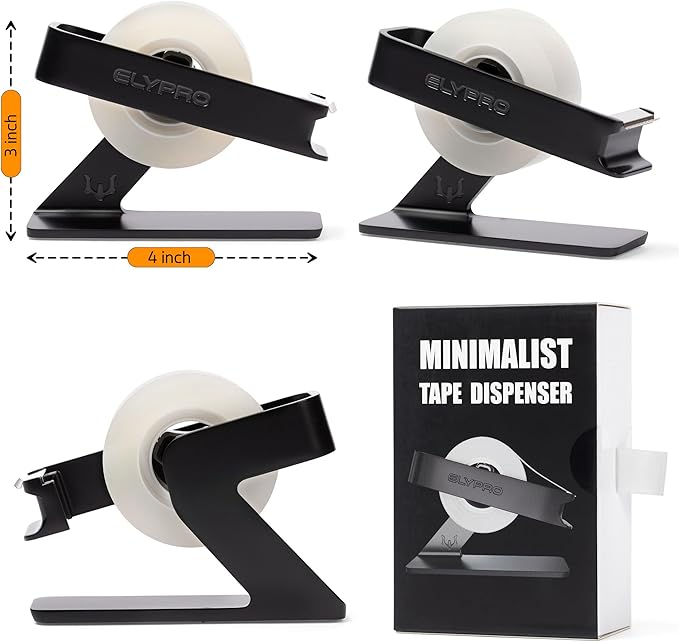 ELYPRO Modern Tape Dispenser for Office Desk - Elegant and Minimalist Design, Heavy Metal Made, Space-Saving, Perfect for Office & Home Use or as a Stylish Gift - Bonus Tape Roll Included (Black)-DeskLoop Office