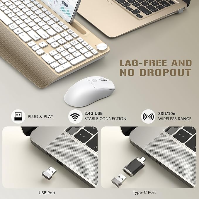 Ergonomic Wireless Keyboard and Mouse with Wrist Rest,Phone Holder - 2.4GHz Full-Sized Low-Profile Quiet Gold Wireless Mouse and Keyboard Combo for Computer, Laptop, PC, Mac-Gold