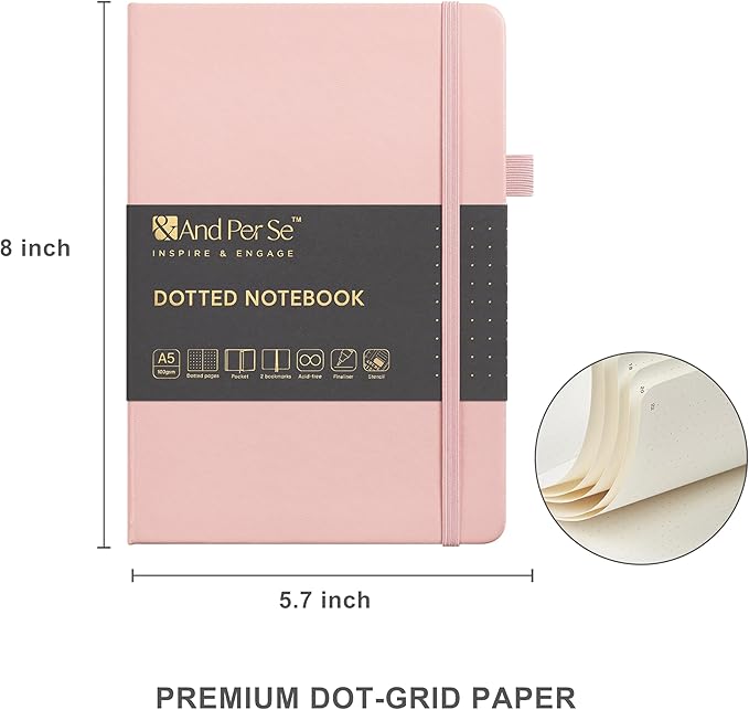 &And Per Se Dotted Journal Notebook Set, A5 Hardcover Dotted Journal (Pink), 6 Fineliner Pens, 8 Sticker, 5 Stencil Sheets & 6 Washi Tapes, Journaling Supplies for Planner Schedule-DeskLoop Office
