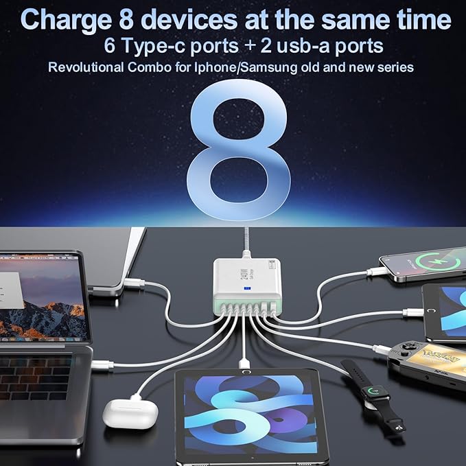 240W Fast Chargers for Multiple Devices 8 Ports, 6 Type C + 2 USB A Charger Block, Charging Station with Slim Flat Plug, 65W Power Hub for Laptops, PD GaN Charger Tower for iPhone, Samsung-DeskLoop Office