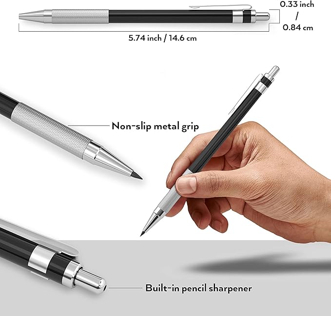 Nicpro 17PCS Metal 2mm Mechanical Pencil Set in Leather Case, 5 PCS 2.0 mm Lead Pencil Holders (4B 2B HB 2H 4H) 6 Tube Black Colored Lead Refills, Erasers, Sharpener For Art Drafting Sketching Drawing-DeskLoop Office