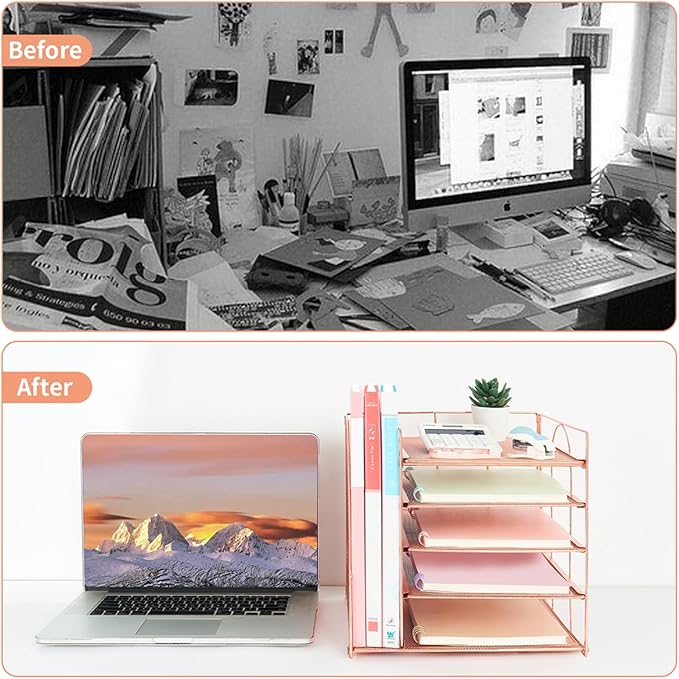 Desk Organizers and Accessories, 5-Tier Paper Letter Tray Organizer with File Holder, Desktop Organizer for Office Supplies, Office Desk Accessories & Workspace (Rose Gold)-DeskLoop Office