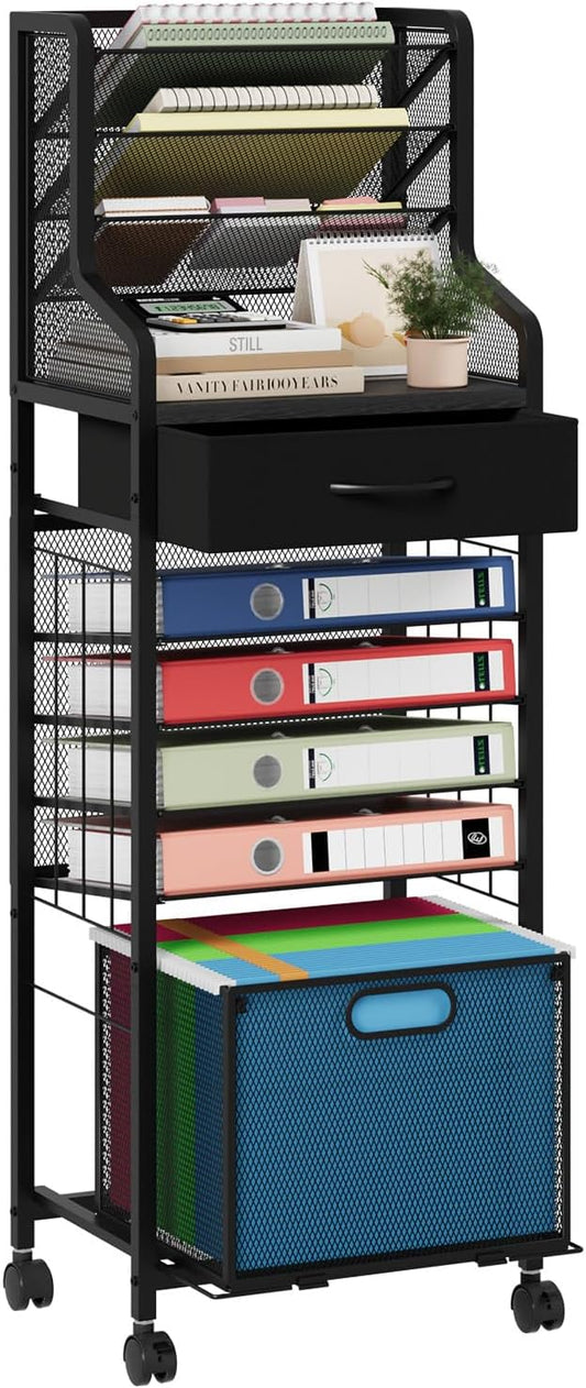 SWTYMIKI 10-Tier Rolling File Cart - Mesh Paper Organizer with Drawer and Hanging File Folders on Lockable Wheels, Wood Teacher Cart for Office Organization, Storage in Home, Studio, School (Black)-DeskLoop Office