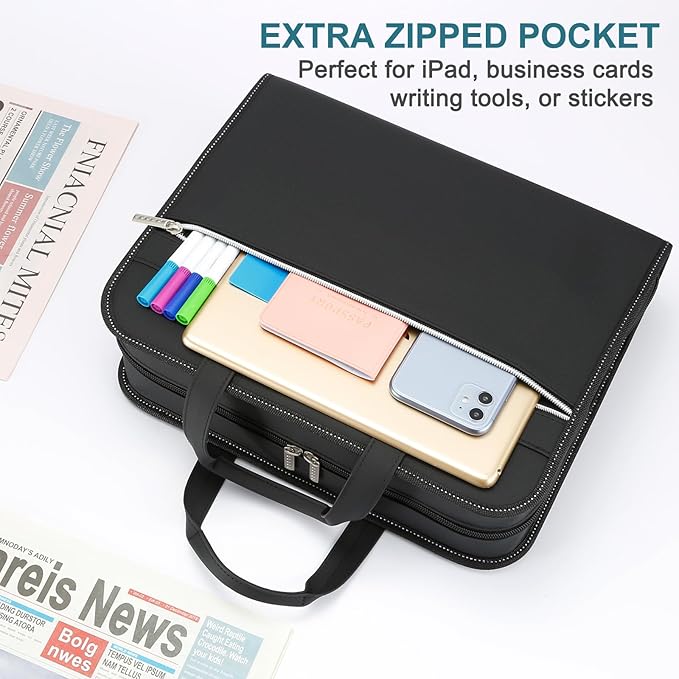 SEEKIND PU Leather Accordian File Organizer 26 Pockets, Expanding File Folder with Handle, Portable Document Organizer Accordion File Keeper for Letter Size / A4 File, for Office, School-Black-DeskLoop Office