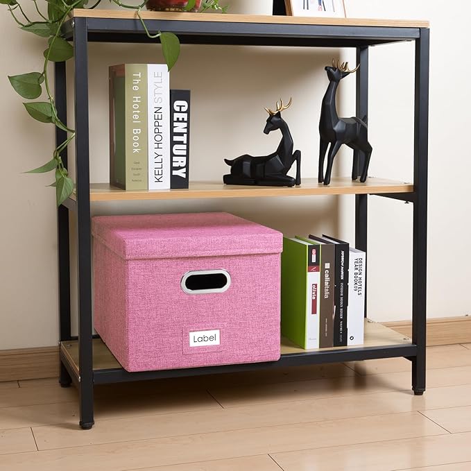 PRANDOM File Organizer Box - Set of 2 Collapsible Decorative Linen Filing Storage Hanging File Folders with Lids Office Cabinet Letter/Legal Size Pink (17x14x11.2 inch)-DeskLoop Office