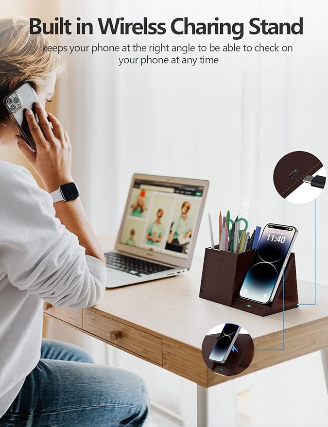 2-in-1 Pen Holder with Wireless Charger, Compatible with iPhone 16/15/14/13/12/11/8 Series, Pencil Holder Phone Stand for Desk Home Office, Men Gift Husband Wife Anniversary Dad Birthday Idea Gadget-DeskLoop Office