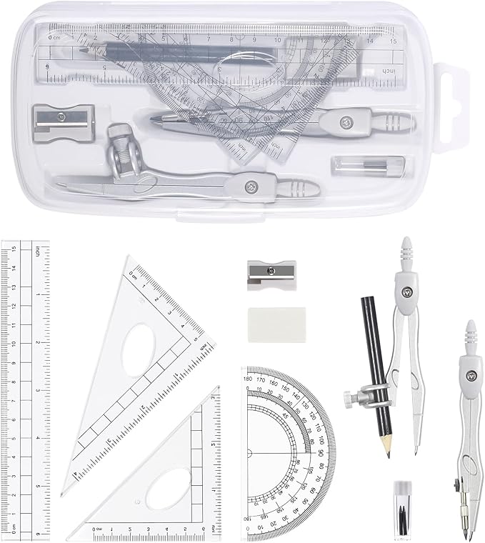 Math Geometry Kit Sets 10 Piece Student Supplies with Shatterproof Storage Box,Includes Rulers,Protractor,Compass,Eraser,Pencil Sharpener,Lead Refills,Pencil,for Drafting(White)