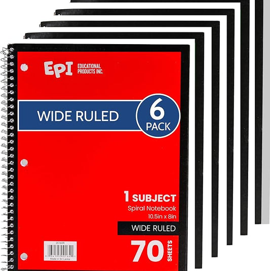 EPI Spiral Notebook | Wide - 70 Sheets, Durable Spiral Binding | 10.5 x 8 in | Classroom Supplies | School, Office, Note Taking, Journaling - 6 Pack-DeskLoop Office