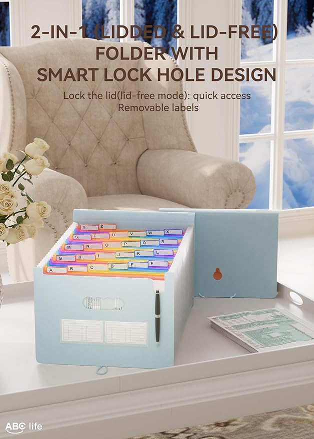 ABC life 26 Pockets Accordian File Organizer Expanding File Folders, Portable Letter A4 Size Filing Box,Plastic Monthly Receipt Document Organizer with Colored Tabs (Light Blue)-DeskLoop Office