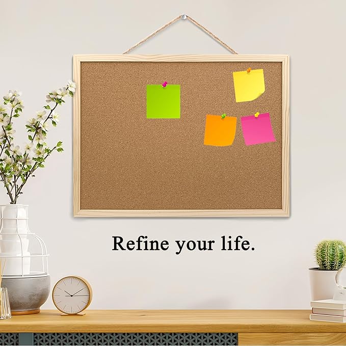 Cork Bulletin Board, 17.7X 13.3 Inches with Oak Wood Finish Frame, Wall Mounted for Office Home and School(Pins, Eye Bolts, gaskets, Screws)-DeskLoop Office