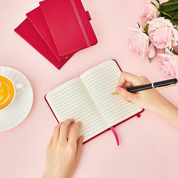 40 Pieces Small Notebooks A6 Pocket Journals 3.5 x 5.5 Inch Small Leather Notebook Mini Ruled Lined Journal with Elastic Band Pen Holder Page Marker Ribbons (Rose Red)-DeskLoop Office