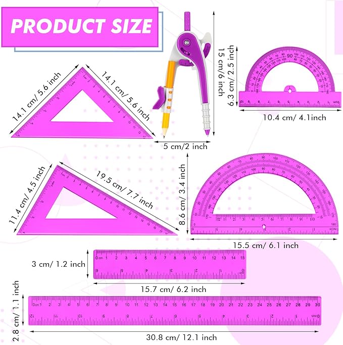 Zonon 1 Set Plastic Geometry Math Set 7 Pcs Includes 6'' / 4 '' Protractor, Drawing Compass, 45/60 Degree Triangle Rulers, 12'' / 6'' Math Ruler Transparent for Office Supplies(Purple)-DeskLoop Office
