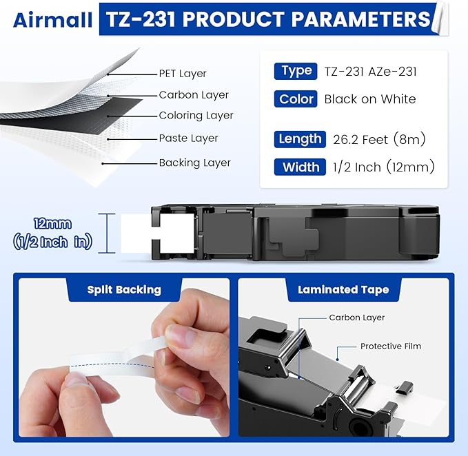 Airmall Tze 12mm 0.47 Laminated White Label Maker Tape Refill Compatible with Brother 12mm .47 Laminated White Tz Tape TZe-231 TZ-231 for PT-D200 D210 D220 H110 D410 P710BT 1750 1180, 20Pack-DeskLoop Office