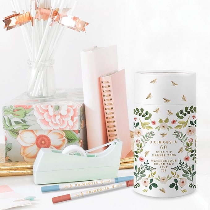 Primrosia 60 Dual Tip Marker Pens, Fineliner and Watercolor Brush Pens for Art Sketching Illustration Calligraphy Permanent Highlighter Bullet Journal Drawing Coloring-DeskLoop Office