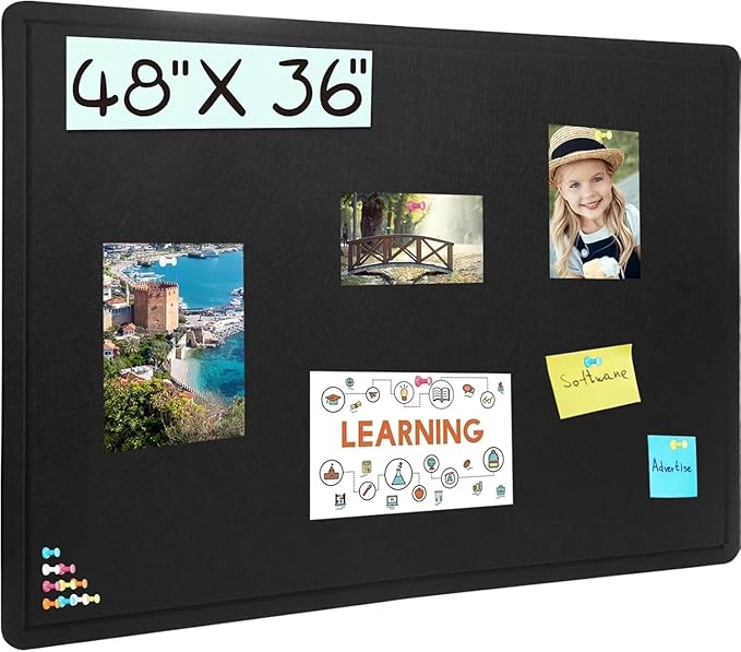 Large Bulletin Board, 48 X 36 inches Felt Board Notice Pin Board, 4' x 3'Cork Board Alternative for Wall, Self-Adhesive Vision Board Mood Board Foldable Photo Board with 30 Pushpin (Black)-DeskLoop Office