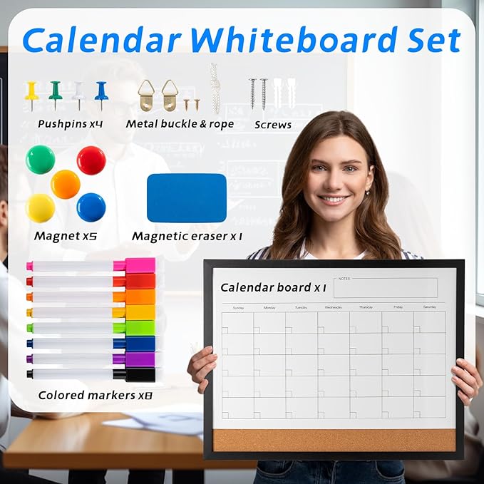 Dry Erase Calendar Whiteboard, 17" x 13" Magnetic Whiteboard Cork Board Combo, Reusable Monthly Planner with 8 Markers, Eraser, Magnets and Pushpins, Hanging Dry Erase Board for Home, School - Black-DeskLoop Office