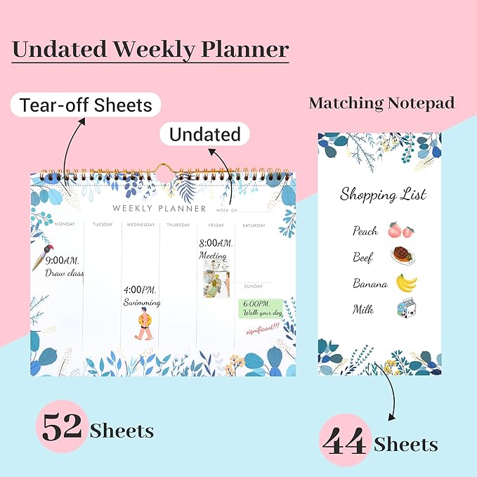 8.5x11 Weekly Planner Notepad Undated To Do List Note pad 52 Weekly Desk Wall Planner Calendar Hangble Daily Planning Pad for Work,Home,School,Ofiice Supplies,Matching 44 Notepad,Blue-DeskLoop Office