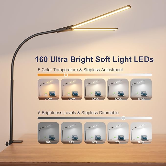Kintion Desk Lamps for Home Office, 12W Flexible Gooseneck Smart Lighting, Ultra-Bright Extra-Wide Task Light, Study Light, Architectural Light with Clip