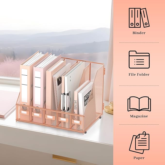 SUPEASY Desk Organizers Metal Desk Magazine File Holder with 5 Vertical Compartments Rack File Organizer for Office Desktop, Home Workspace, Rose Gold, Plus-DeskLoop Office