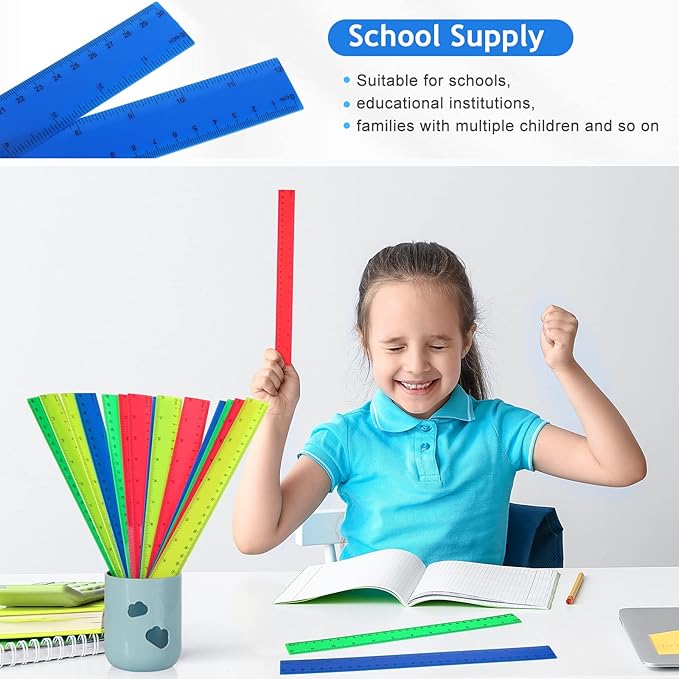 Zonon 100 Pcs 12 Inch Plastic Ruler Assorted Colors Rulers with Centimeters Millimeter and Inches Shatterproof Straightedge Bulk for Classroom School Home Office Kids(Plastic,Yellow, Green, Blue, Red)-DeskLoop Office