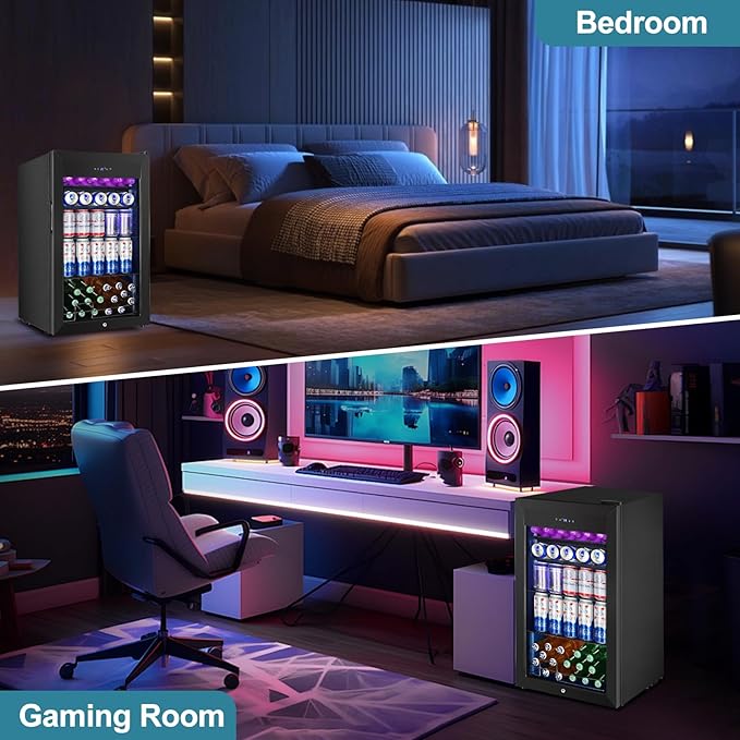 Beverage Refrigerator Cooler, 128 Cans 3.2 Cu.Ft Mini Fridge Glass Door for Drink Beer Soda Wine, Small Fridge with 4 Adjustable Removable Shelves for Kitchen, Bedroom, Office, Bar, Gaming Room, Black-DeskLoop Office