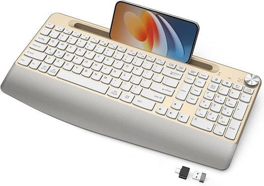 JOYACCESS Ergonomic Wireless Keyboard with Palm Rest & Tilt Angle, 2.4G Full-Size, Comfortable Typing, USB-C Adapter & Phone Holder for Mac/Windows -Gold White-DeskLoop Office