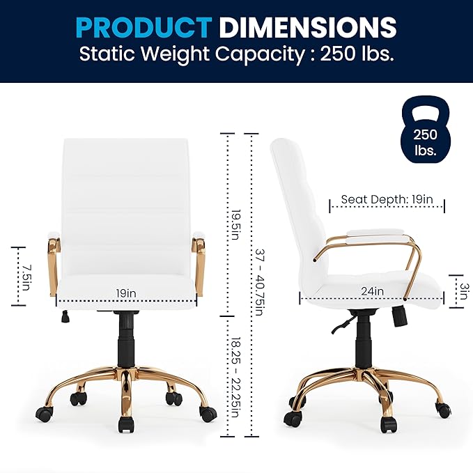 Flash Furniture Whitney Mid-Back Swivel LeatherSoft Desk Chair with Padded Seat and Armrests, Adjustable Height Padded Office Chair, White/Gold-DeskLoop Office