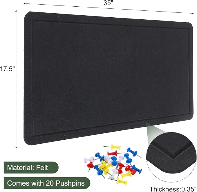 YOKIVE Felt Bulletin Board, 35 x 17.5 -Inch Foldable Decorative Pin Board Self Adhesive Felt Cork Board with 20 Pushpins, Great for Wall, Photo Display, Paste Note, Schedule(Black)-DeskLoop Office