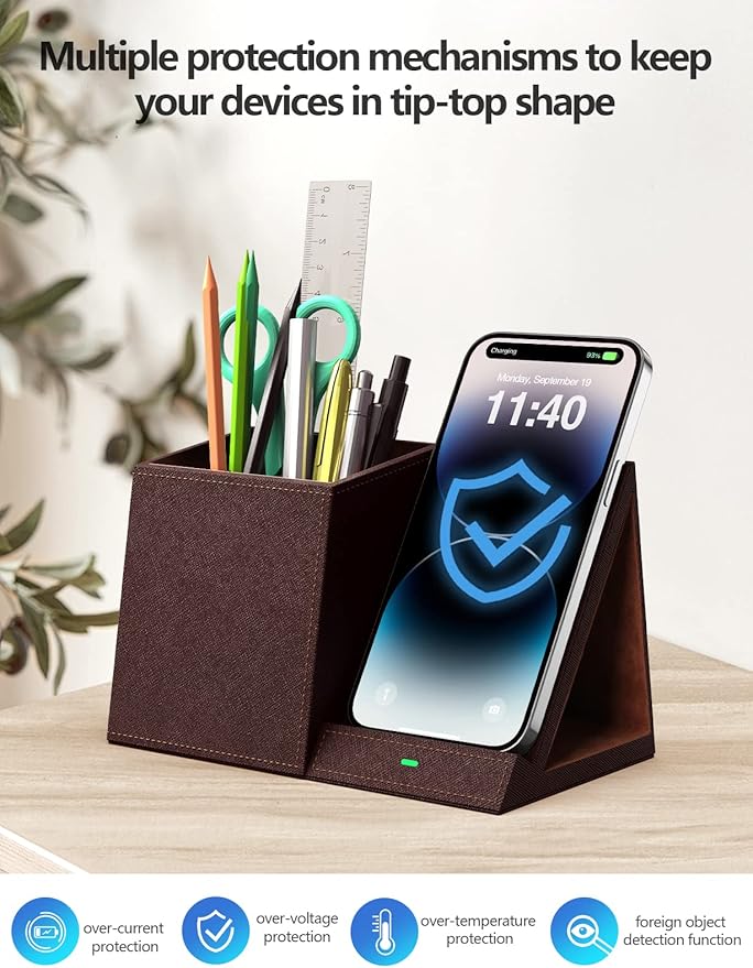 2-in-1 Pen Holder with Wireless Charger, Compatible with iPhone 16/15/14/13/12/11/8 Series, Pencil Holder Phone Stand for Desk Home Office, Men Gift Husband Wife Anniversary Dad Birthday Idea Gadget-DeskLoop Office