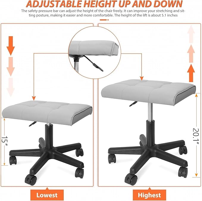 Footrest Under Desk Leg Rest Ottoman Adjustable Height Foot Stool with Wheels Leather Footrest Grey-DeskLoop Office
