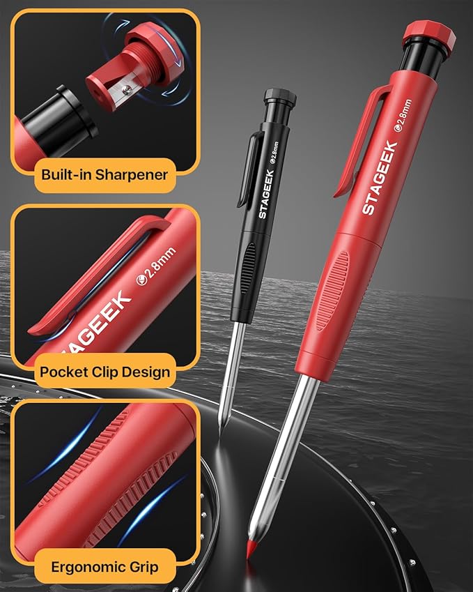 2PCS Carpenter Pencils with Sharpener, Heavy Duty Woodworking Tools, Mechanical Pencil Set with 26 Refills, Deep Hole Long Nib Marker Pens for Architect Marking with Case (Black, Red)-DeskLoop Office