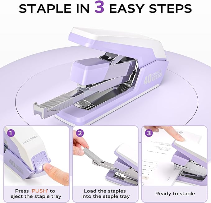 Effortless Stapler for Desk with 40-50 Sheet Capacity, 2000 Staples, 1-Touch Stapling, Ergonomic & Easy to Load Desktop Staplers, Heavy Duty Stapler, and Magnetic Staple Remover, Purple-DeskLoop Office