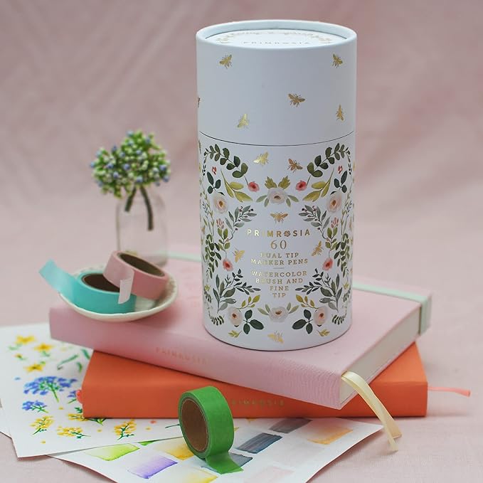 Primrosia 60 Dual Tip Marker Pens, Fineliner and Watercolor Brush Pens for Art Sketching Illustration Calligraphy Permanent Highlighter Bullet Journal Drawing Coloring-DeskLoop Office