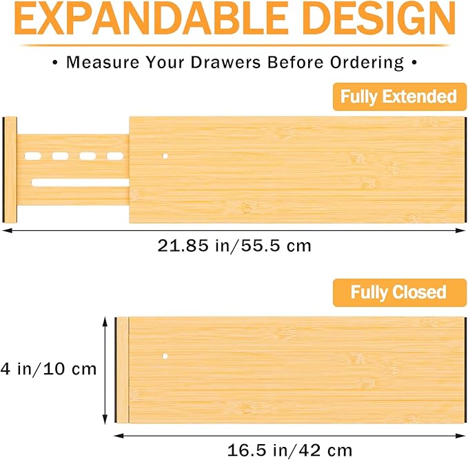 Bamboo Drawer Dividers 4" High, 16.5-22" Adjustable Drawer Organizers for Clothes,Expandable Dresser Separators in Bedroom/Kitchen/Bathroom/Office Organization and Storage,6 Pack-DeskLoop Office