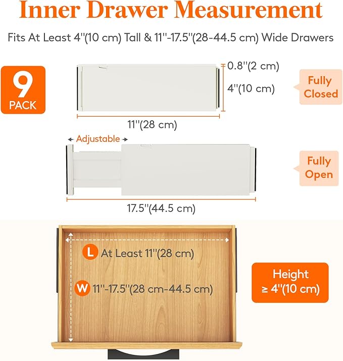 Lifewit 9 Pack Drawer Dividers 4" High, 11-17" Adjustable Drawer Organizers for Clothes, Expandable Dresser Separators in Bedroom/Bathroom/Kitchen/Fridge/Office Organization and Storage, Beige-DeskLoop Office