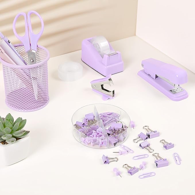 SKYDUE Purple Desk Accessories, Purple Office Supplies Set, Stapler, Tape Dispenser, Scissors, Binder/Paper Clips and 1000pcs Staples,Office Supplies for Women-DeskLoop Office