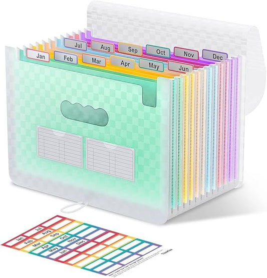 ThinkTex Accordion File Organizer, 12 - Pocket Expanding File Folders for Paper Receipts, Bills&Taxes Organizer, Letter/A4 Size Document Holder for School, Office, Home with Colorful tabs - Green-DeskLoop Office