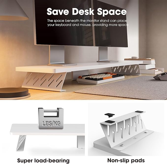 Fenge Dual Monitor Stand Riser, 42.5 Inch Desk Top Shelf for 2 Monitors, Computer Stands for Desk, Wood & Steel Desktop Riser for Laptop, PC, Printer-DeskLoop Office